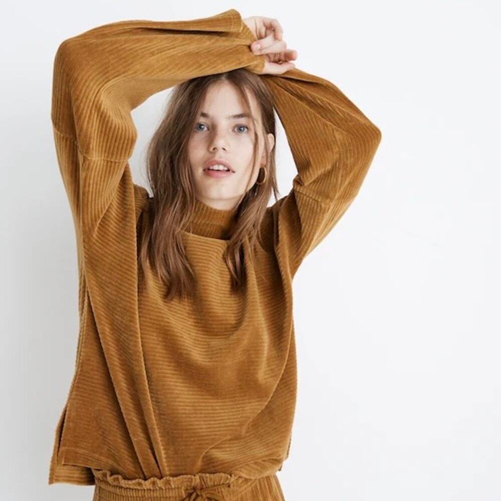 Madewell Texture & Thread Women's Antique Gold Velour Corduroy Mockneck‎ Top - S